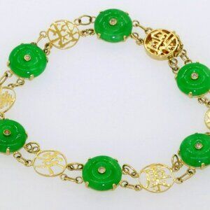 Asian 14k yellow gold 10mm green jade link bracelet